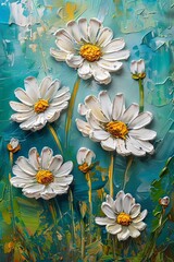 Detailed palette knife painting of beautiful daisies, white petals with yellow centers, set against a textured green and blue background, Abstract, Vibrant, Fresh