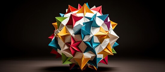 Complex spherical abstract origami decoration requiring advanced paper folding skills and experience; original design offers a vibrant palette with artistic copy space image.
