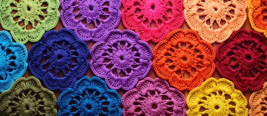 Close-up photo of colorful cotton granny square crochet texture with knitted zigzag handmade jewelry in focus, ideal as a copy space image.