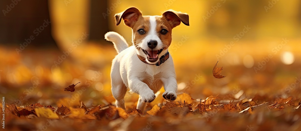 Poster adorable pet puppy joyfully running and smiling in autumn leaves with a golden fall background, perf