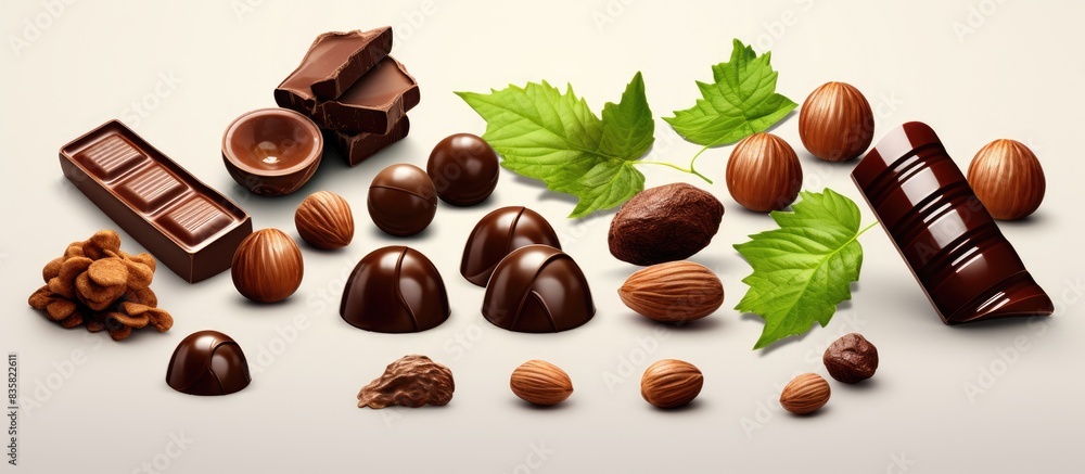 Aufkleber hazelnut chocolate pieces isolated on white background for package design with copy space image.