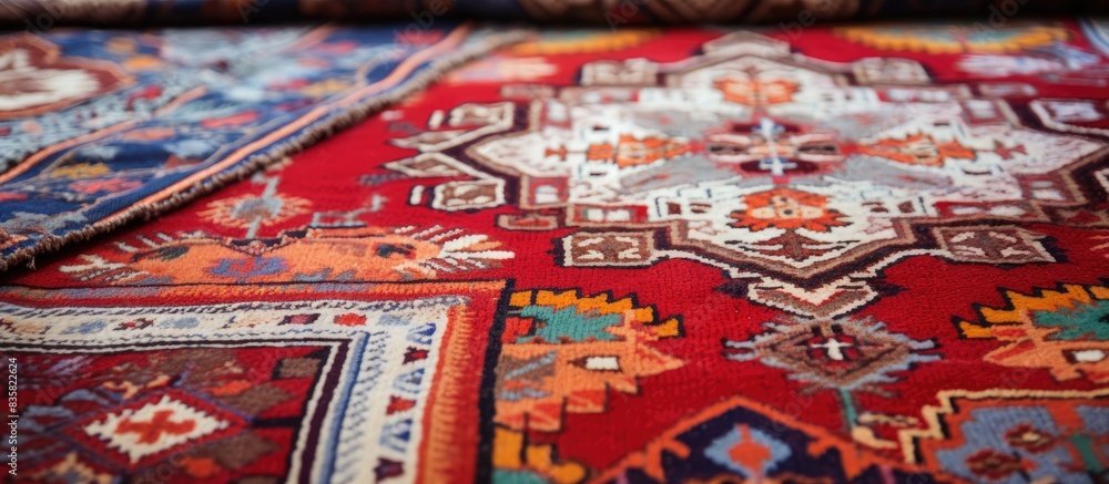 Poster man creating intricate patterns on a carpet with copy space image available.