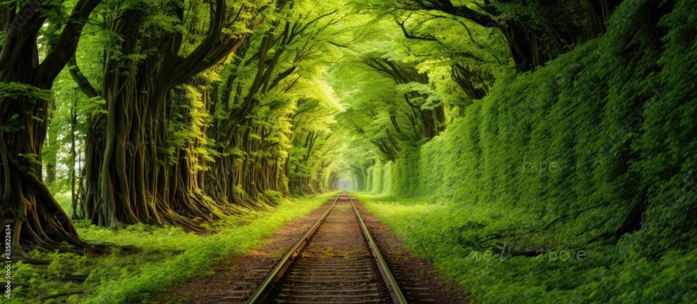 Poster autumnal scene of a railroad tunnel passing through a canopy of trees with vibrant foliage, creating