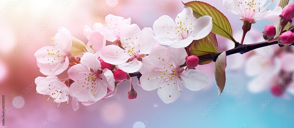 Poster spring blossoms on an apple tree with white petals, set against a backdrop providing empty space for