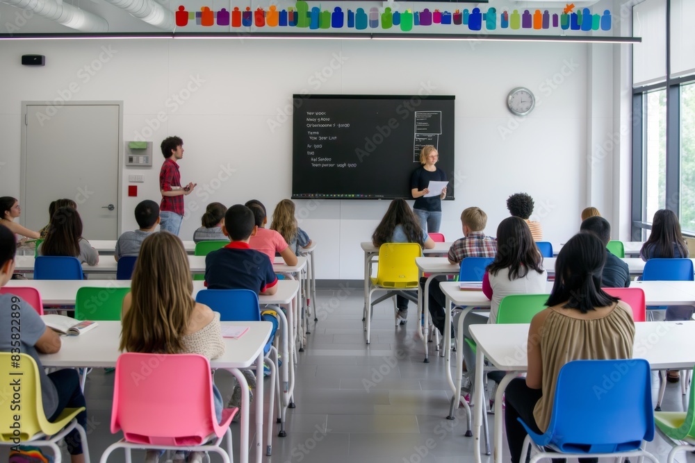 Aufkleber In a modern classroom, teachers engage with a diverse group of students, encouraging interactive learning. Students actively take part in educational activities to enhance their skills and knowledge