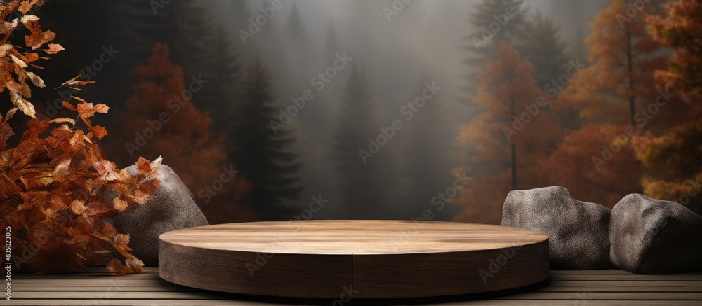 Aufkleber a wooden stand for displaying products with dried leaves on a gray stone backdrop in a dark still li