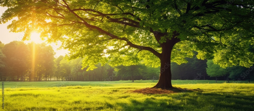 Poster A stunning copy space image with sunlight filtering through the twisted branches of an impressive green tree.