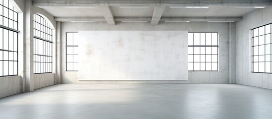 Contemporary conference hall with large windows and an empty white concrete interior design is ideal for events, meetings, or photo shoots with copy space image.