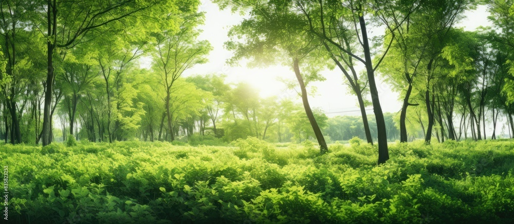Poster copy space image of summer forest and foliage with vibrant green trees on a white background for pri