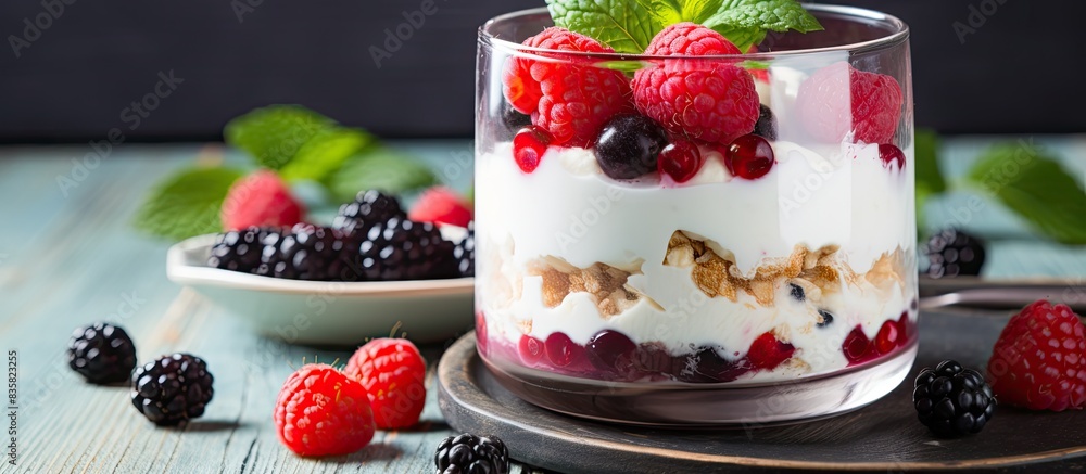 Poster fruit-topped yogurt parfait displayed in a vibrant setting with a blank space for an image. copy spa