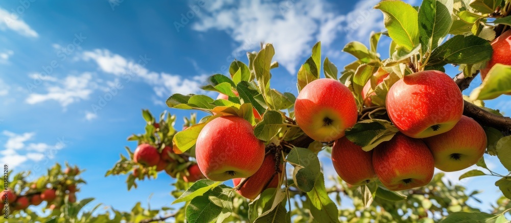 Poster high quality photo featuring a close-up of an apple tree branch with ripe red apples, with a clear b