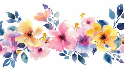 Floral Watercolor Banner with Pink Yellow and Purple Flowers for Stationery and Greetings