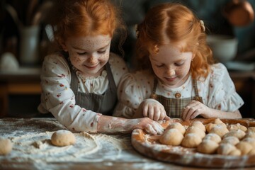 Two red-haired girls are cooking buns in the kitchen.