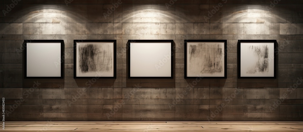 Poster artwork displayed in frames on exhibition in an art gallery with copy space image.