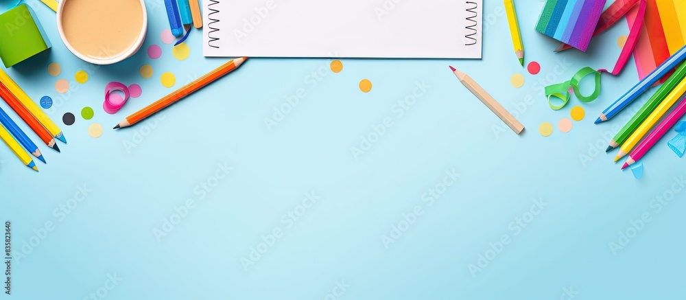 Aufkleber top view of school supplies displayed in a frame on a wooden desk in a flat lay composition with cop