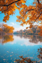 Colorful Autumn Foliage Reflected in a Tranquil Lake on a Sunny Day