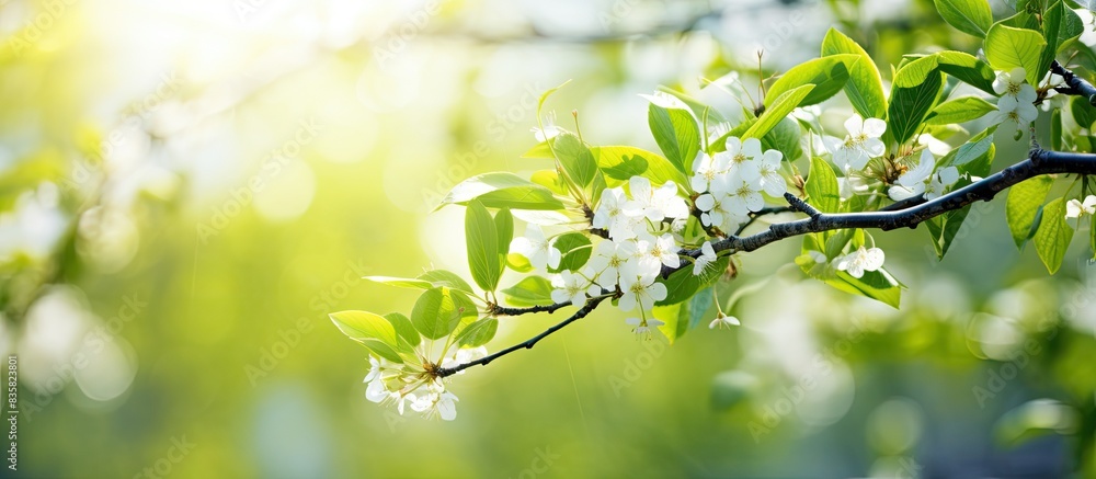 Poster spring branches with budding trees and bushes showcasing their first leaves, providing a picturesque