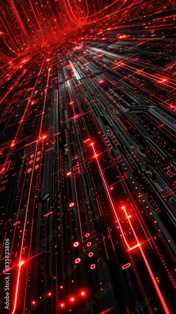 Poster futuristic digital circuit board with red glowing lines