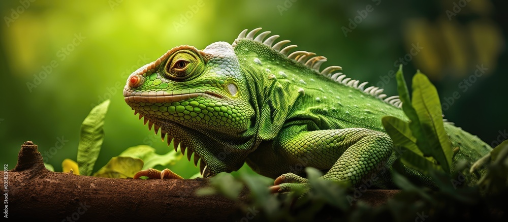Poster closeup photo of a vibrant chameleon in a terrarium, showcasing its color-changing skin illustrating
