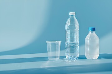 Plastikowe butelki z wodą na niebieskim tle