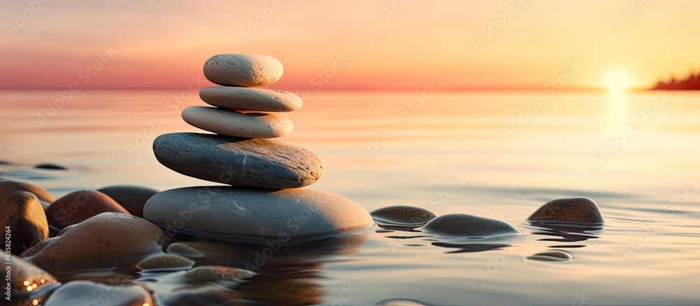 Poster zen stones stacked in a serene environment with a calming sunset backdrop, creating a sense of tranq