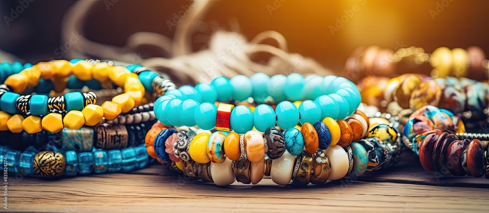 Poster crafting a design concept with handcrafted beads on a table, creating a hobby-focused copy space ima