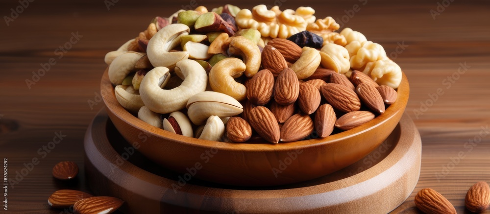Poster nuts of various types creatively displayed in an elegant white bowl on a rustic wooden surface with 