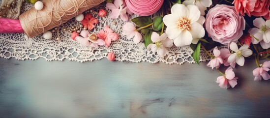 Needlework supplies like beads, wire, and scissors for crafting with copy space image. Top view.