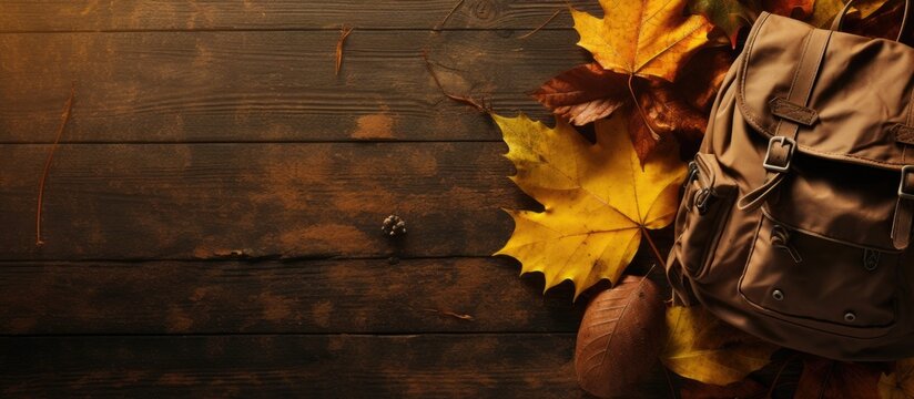 Seasonal hike adventure captured in a top-down shot showcasing trekking gear among autumn leaves on a yellow background with space for promotion. Copy space image. Place for adding text and design