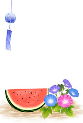 西瓜　朝顔　風鈴　暑中見舞い　素材　水彩画　縁側　風物詩　和　和風　シンプル　お中元　ギフト　メッセージカード　ポスター　縦長