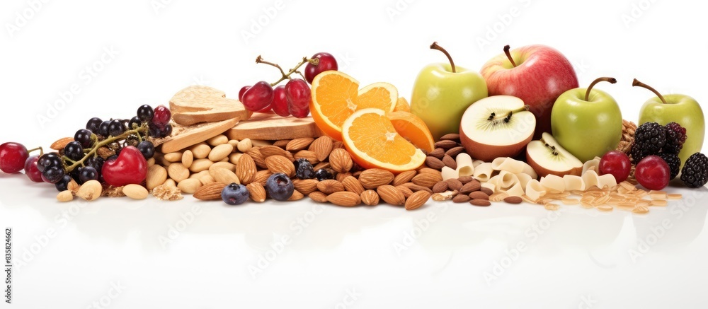 Poster top view of a granola bar with nuts, fruits, and berries displayed on a white stone table with copy 