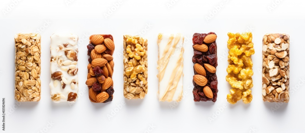 Poster a granola energy bar with assorted nuts for a healthy snack, shown in a top view on a white backgrou