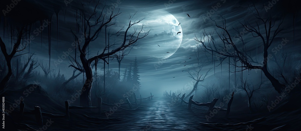 Poster full moon rises over the enchanting spruce trees in a mysterious forest setting, perfect for a hallo