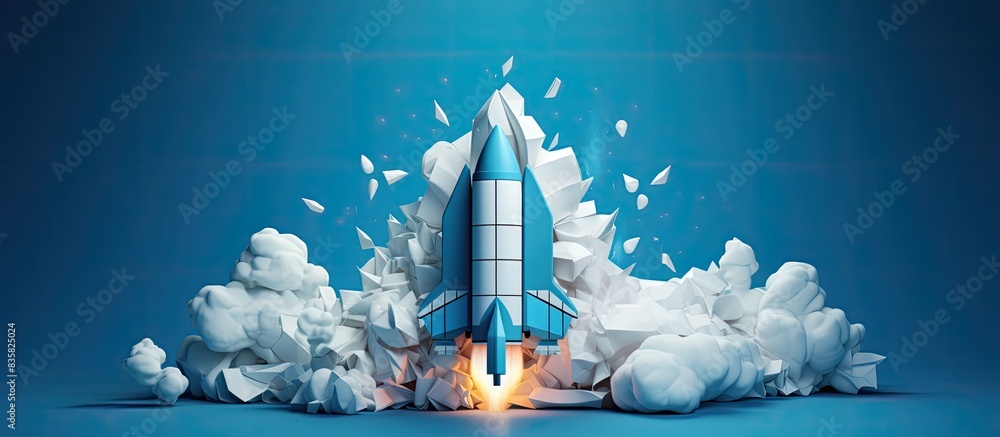 Poster business concept with origami flying up on a launch background with copy space image.
