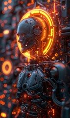 Fototapeta premium A glowing robot stands in a dark room. AI.