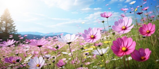 Field of vibrant cosmos flowers with plenty of copy space image.