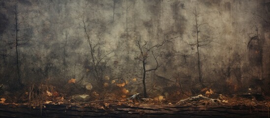 An aged, barren tree in an orchard offers a picturesque scene with a rustic appeal, set against a backdrop of serene tranquility. Copy space image. Place for adding text and design