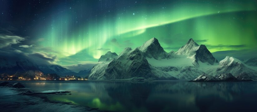 Vibrant Aurora Borealis illuminates the night sky with beautiful colors, showcasing a captivating display worthy of a copy space image.
