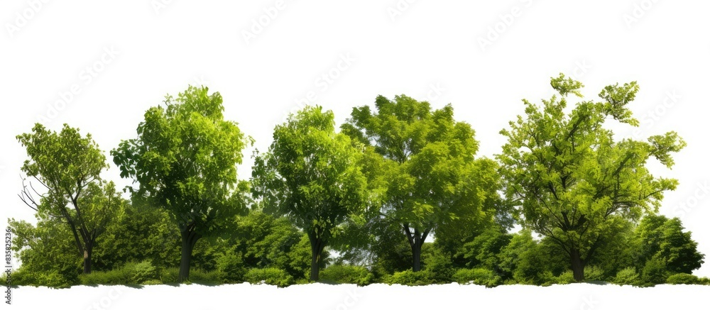 Poster isolated row of lush green trees and shrubs in a summer setting against a white background, creating