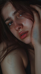 Fototapeta premium Innocent girl wincing in pain as she cuts her wrist, showing conflicted emotions.generative ai