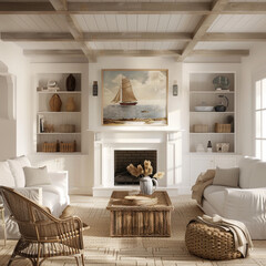 a white living room with furniture and fireplace, coastal cottage in nantucket, light maroon and light indigo, seascape oil paintings, rattan chairs