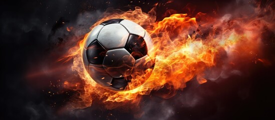 Fototapeta premium Closeup of a soccer ball on the grass of a football field in a packed stadium with spotlights at dusk, representing sport, art, and power in an advertising-friendly copy space image.