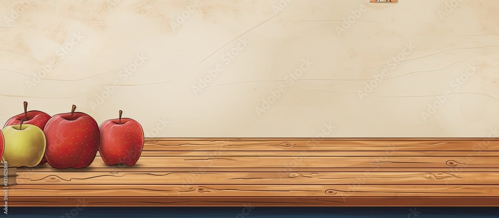 Poster teacher's desk at school with a pile of books and an apple, presenting a classic educational setting
