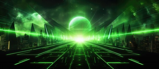 Fototapeta premium Laser beams radiating in darkness against a black backdrop, casting vibrant green rays with accompanying colorful lighting and a musical ambiance, creating an intriguing copy space image.