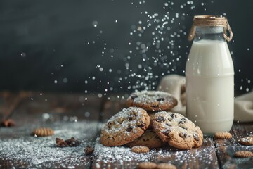 Bottle of fresh milk and delicious chocolate chip cookies on a rustic wooden table - Powered by Adobe