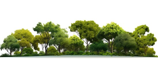 Fototapeta premium An isolated group of green trees standing on a white background with ample copy space image.