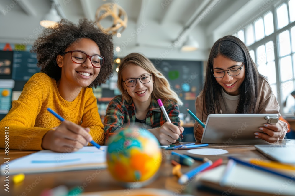 Poster in a bright classroom, a diverse group of students collaborate, study with laptops and notebooks, en