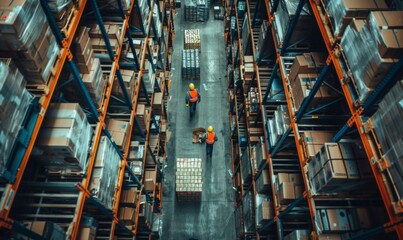 Two warehouse workers are picking orders in a warehouse. AI.