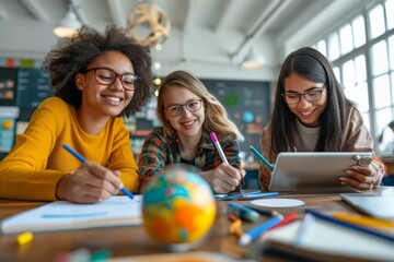 In a bright classroom, a diverse group of students collaborate, study with laptops and notebooks, engage in teamwork, and learn together, fostering an inclusive and modern education environment