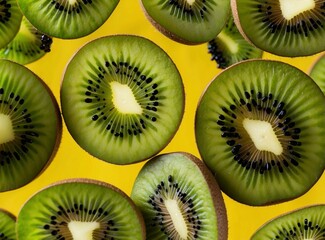 Fototapeta premium Sliced kiwis on a yellow background AI.